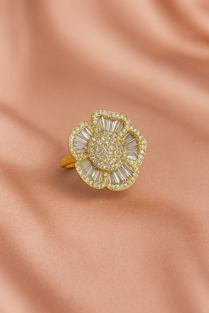 Gold-Plated Floral Statement Ring with Baguette Stones