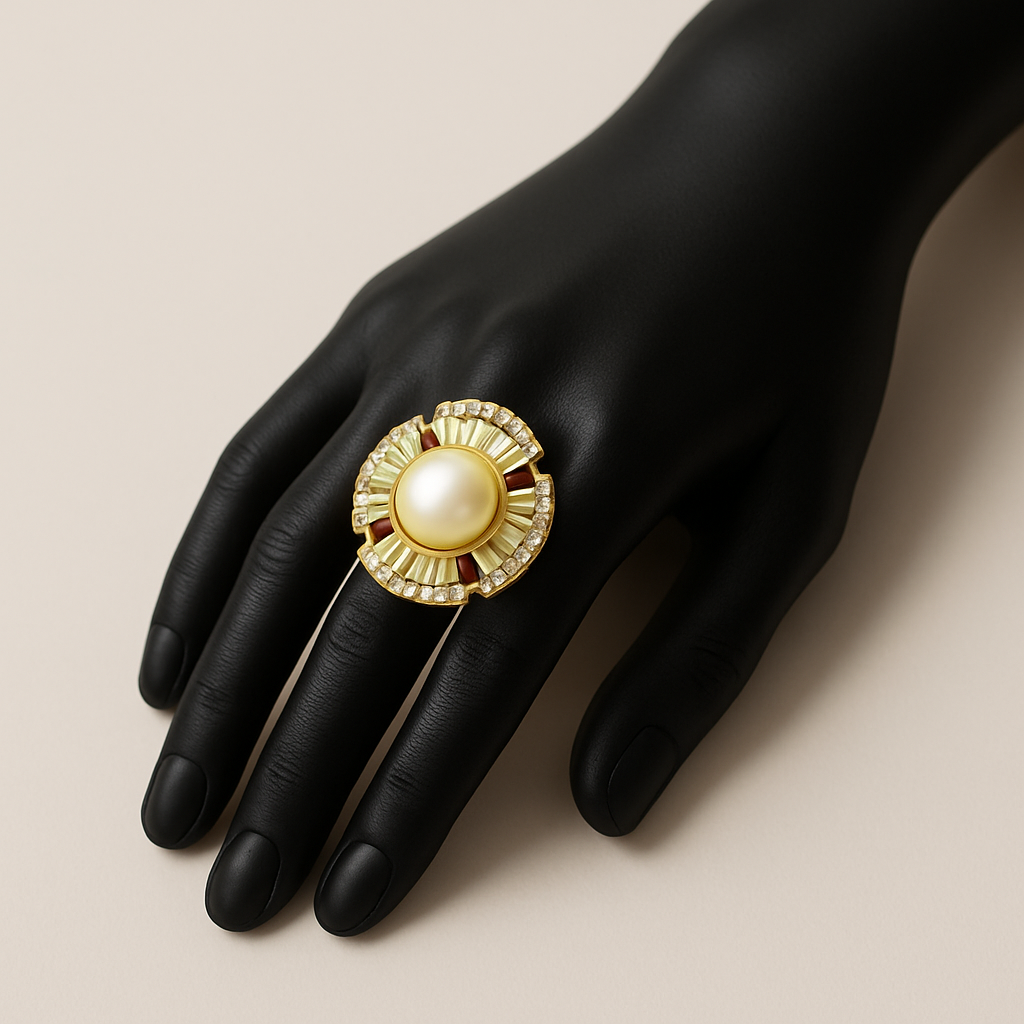 Gold Pearl Cocktail Ring with Diamond & Ruby Accents