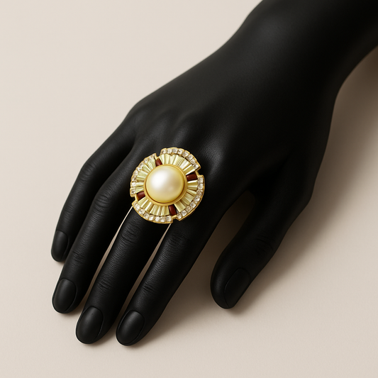 Gold Pearl Cocktail Ring with Diamond & Ruby Accents