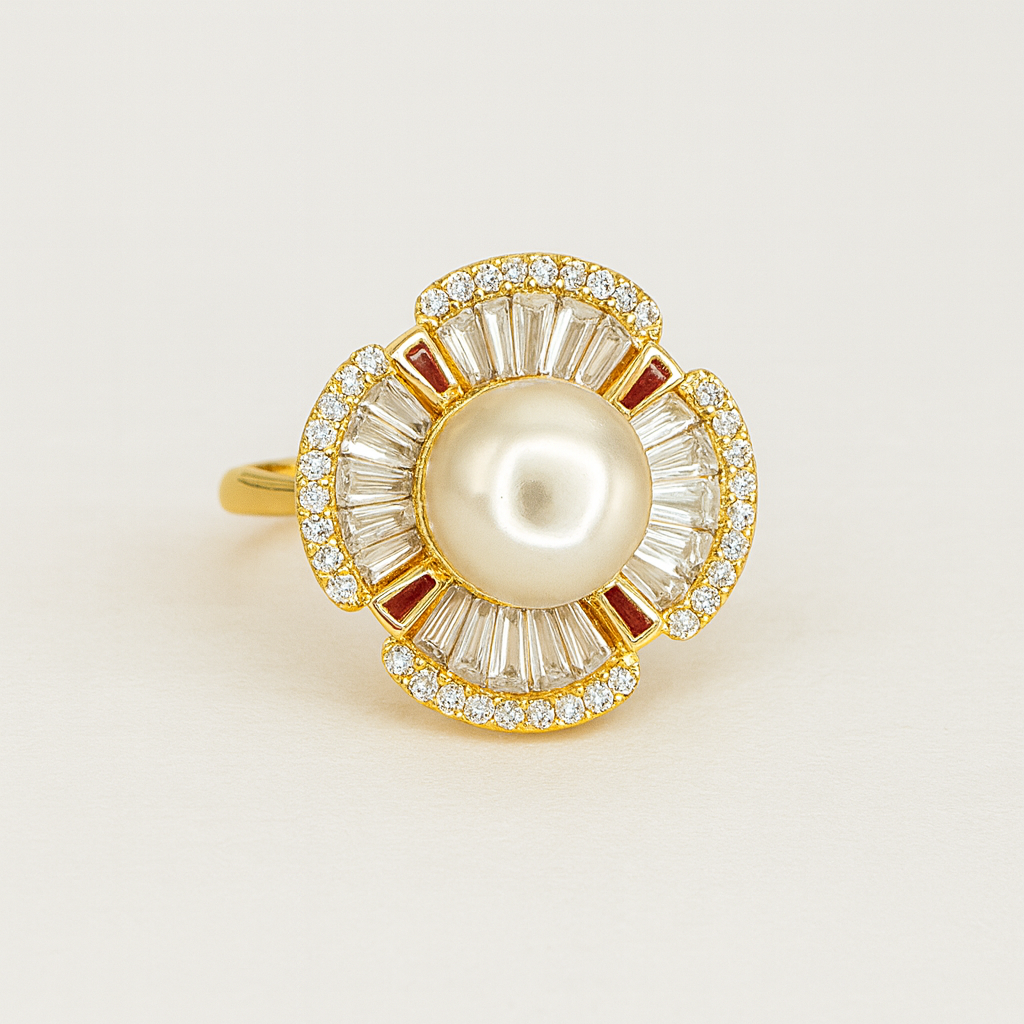Gold Pearl Cocktail Ring with Diamond & Ruby Accents