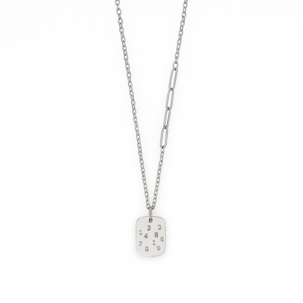 Men’s Stainless Steel Number Tag Necklace – Minimalist Silver Chain Pendant