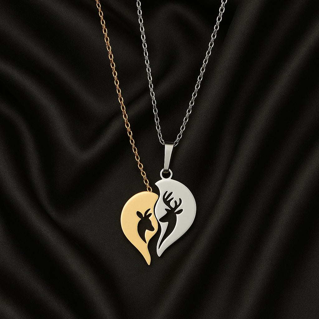 Couple Dual-Tone Heart Pendant Necklace – Silver & Gold Love Design