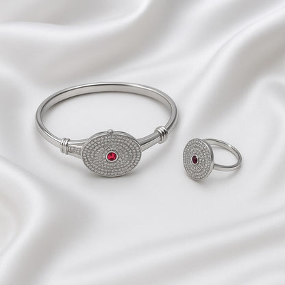 Elegant Silver Ruby Center Jewelry Set – Crystal-Studded Bangle & Ring