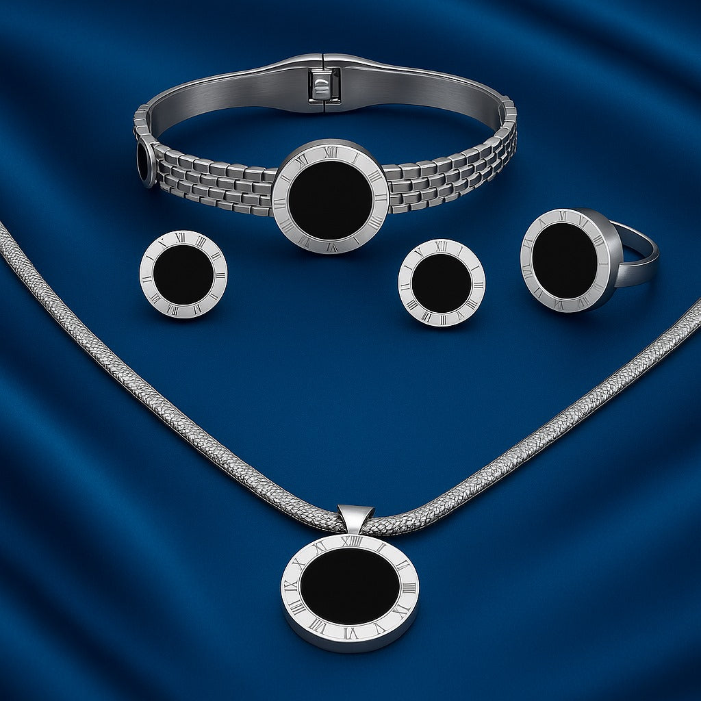 Elegant Silver Stainless Steel Black Enamel Jewelry Set for Women