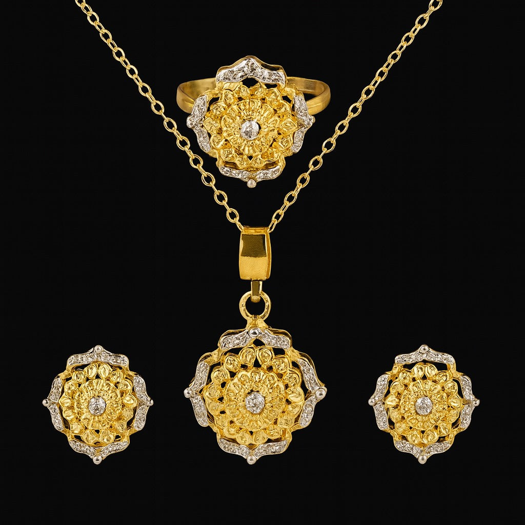 Handcrafted 24K Gold-Plated Floral Jewelry Set – Necklace, Earrings & Ring