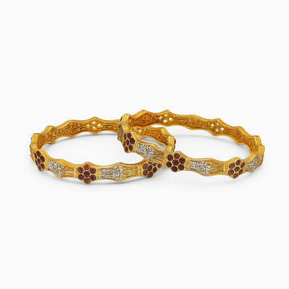 Gold Plated Red & Silver Pattern Bangles – Pair