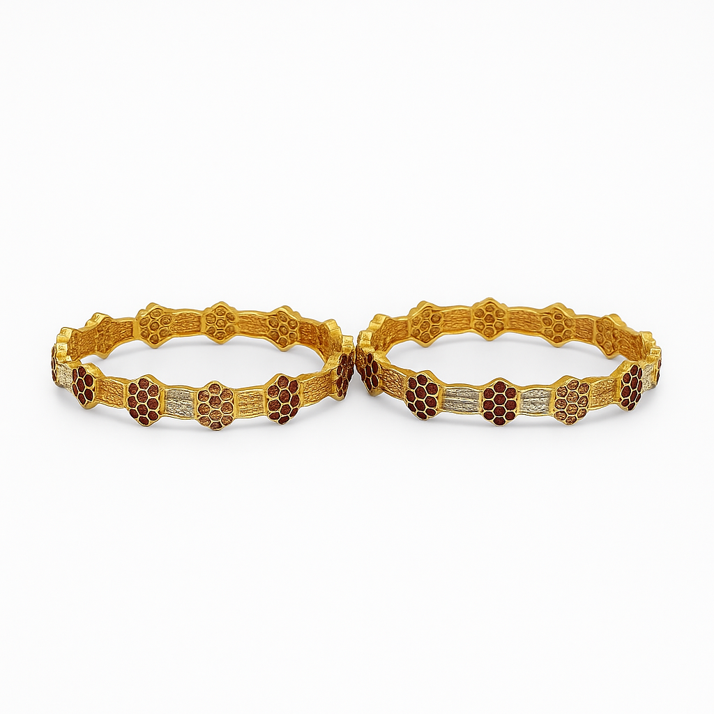 Gold Plated Red & Silver Pattern Bangles – Pair