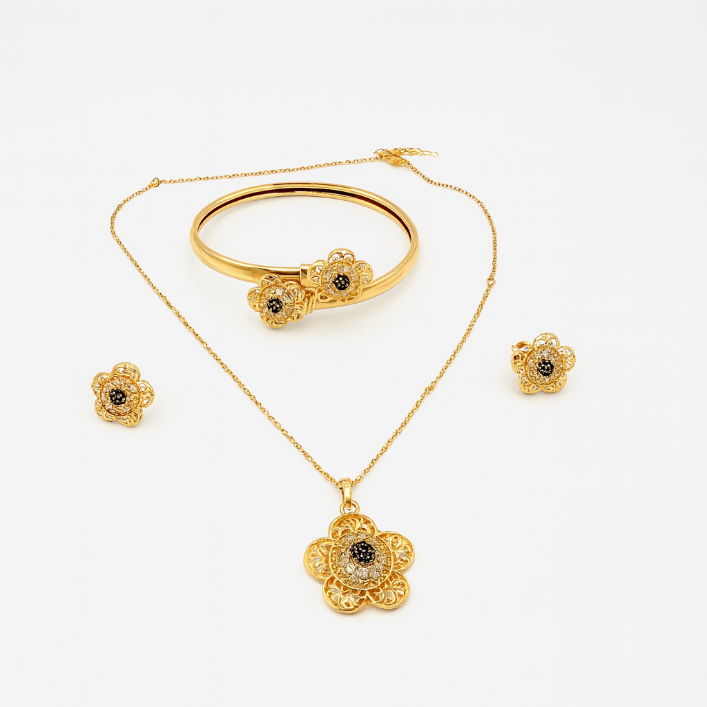 Gold Plated Black Stone Floral Jewelry Set