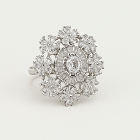 Floral Diamond Cocktail Ring in Silver Finish