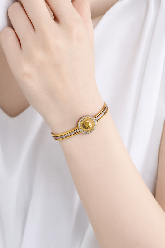 Gold-Plated Onecard Coin Bangle with CZ Stones