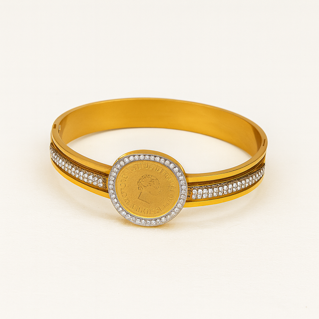 Gold-Plated Onecard Coin Bangle with CZ Stones