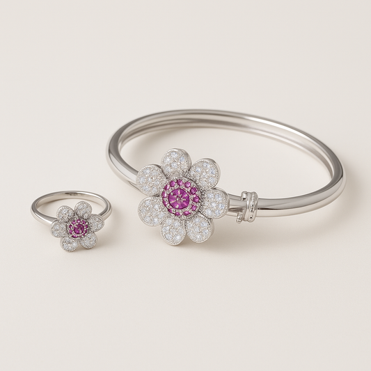 Silver-Tone Flower Jewelry Set with Pink CZ Stones