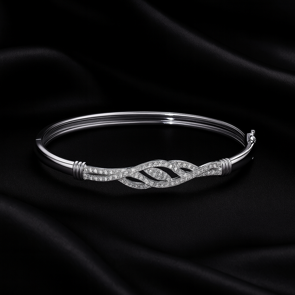 Silver-Tone CZ Leaf Cutwork Bangle for Women