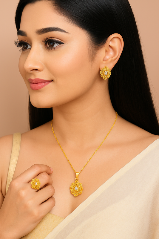 Handcrafted 24K Gold-Plated Floral Jewelry Set – Necklace & Earrings