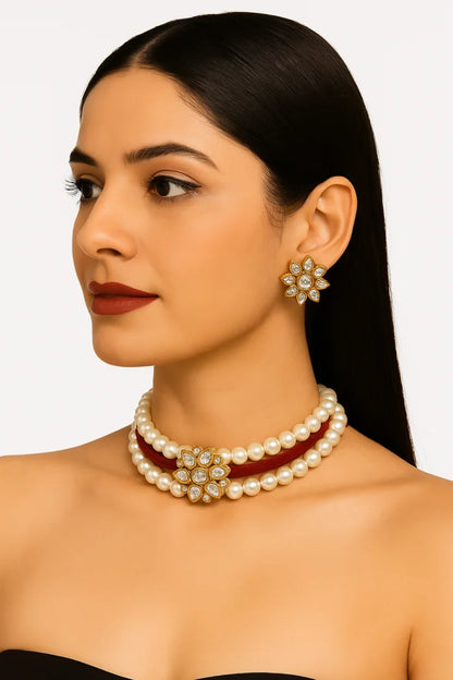 Handcrafted 24k Gold Plated Pearl Choker Jewelry Set