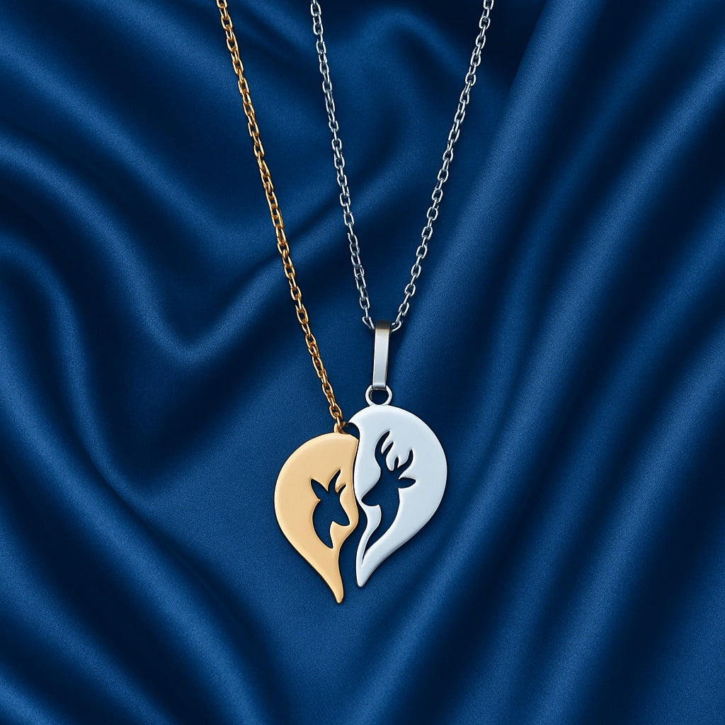 Couple Dual-Tone Heart Pendant Necklace – Silver & Gold Love Design