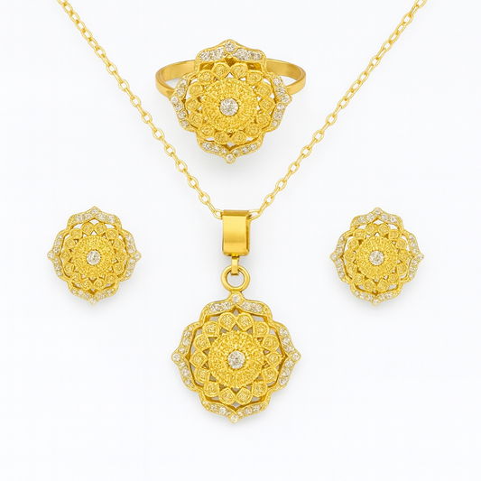 Handcrafted 24K Gold-Plated Floral Jewelry Set – Necklace, Earrings & Ring