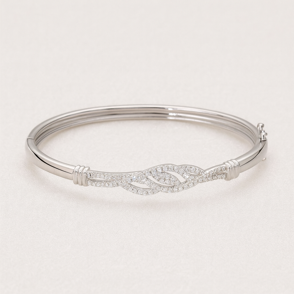 Silver-Tone CZ Leaf Cutwork Bangle for Women